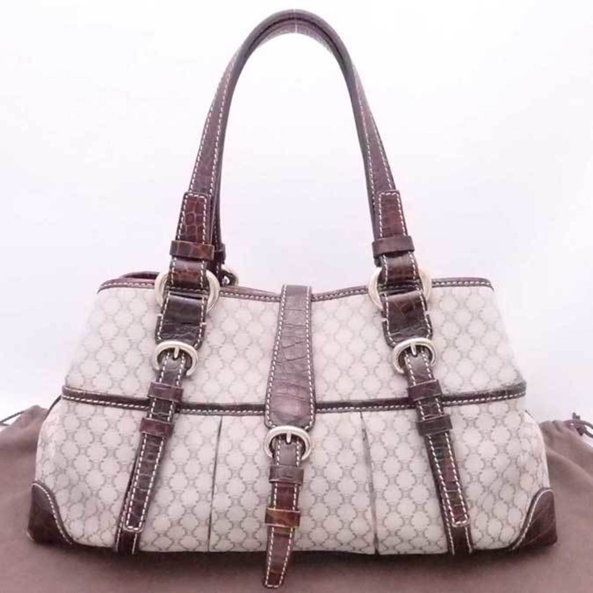 Celine Handbag Macadam Canvas/Embossed Leather Greige X Brown Women's